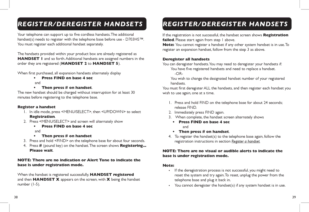 Clarity D703 manual REGISTER/DEREGISTER Handsets, Press Find on base 4 sec Then press # on handset, Register a handset 