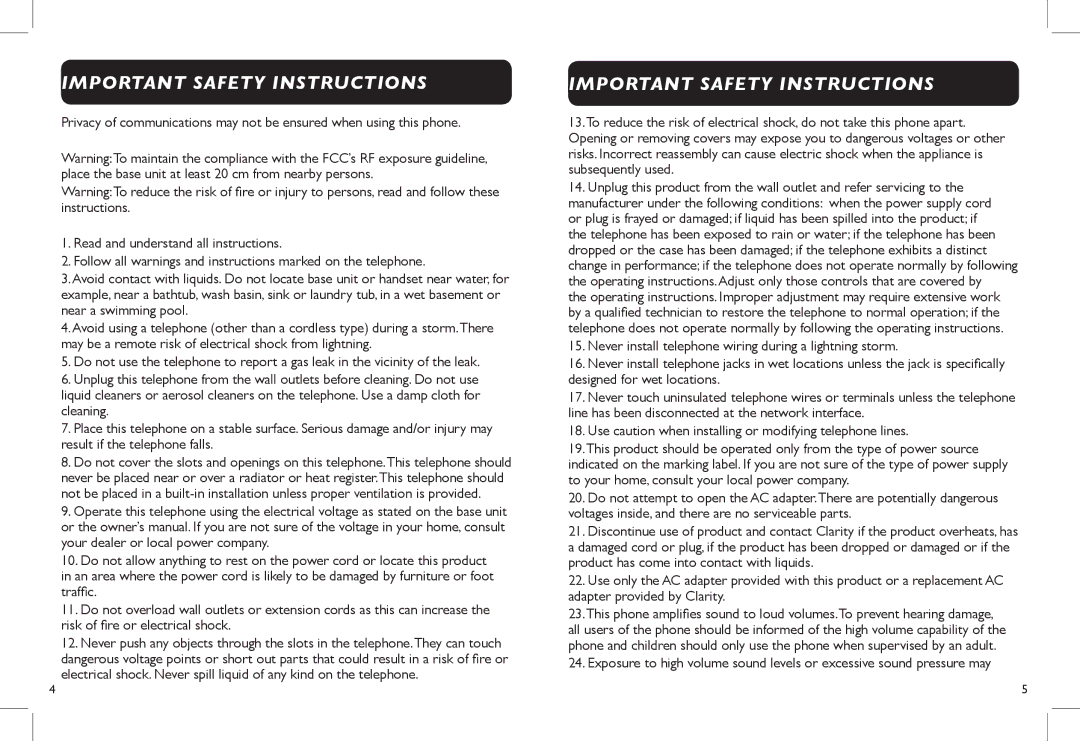 Clarity D703 manual Important Safety Instructions 