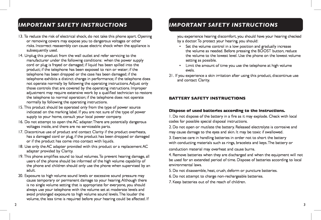 Clarity D702HS, D704HS manual Important Safety Instructions, Battery Safety Instructions 