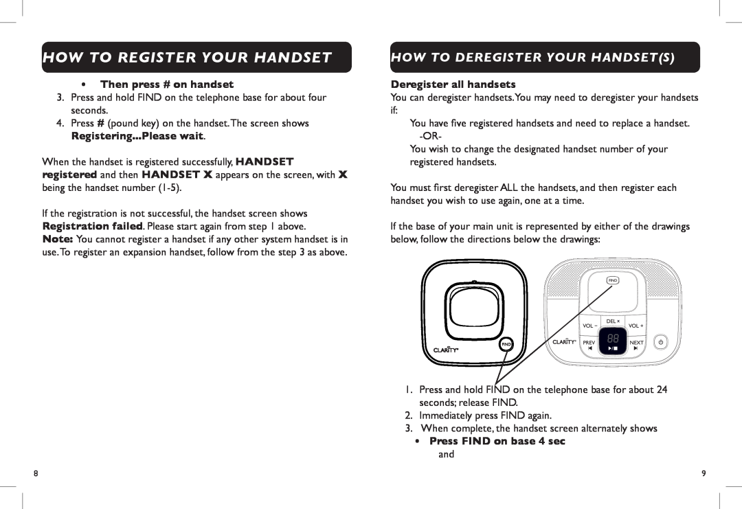 Clarity D704HS, D702HS manual How To Deregister Your Handsets, Deregister all handsets, How To Register Your Handset 