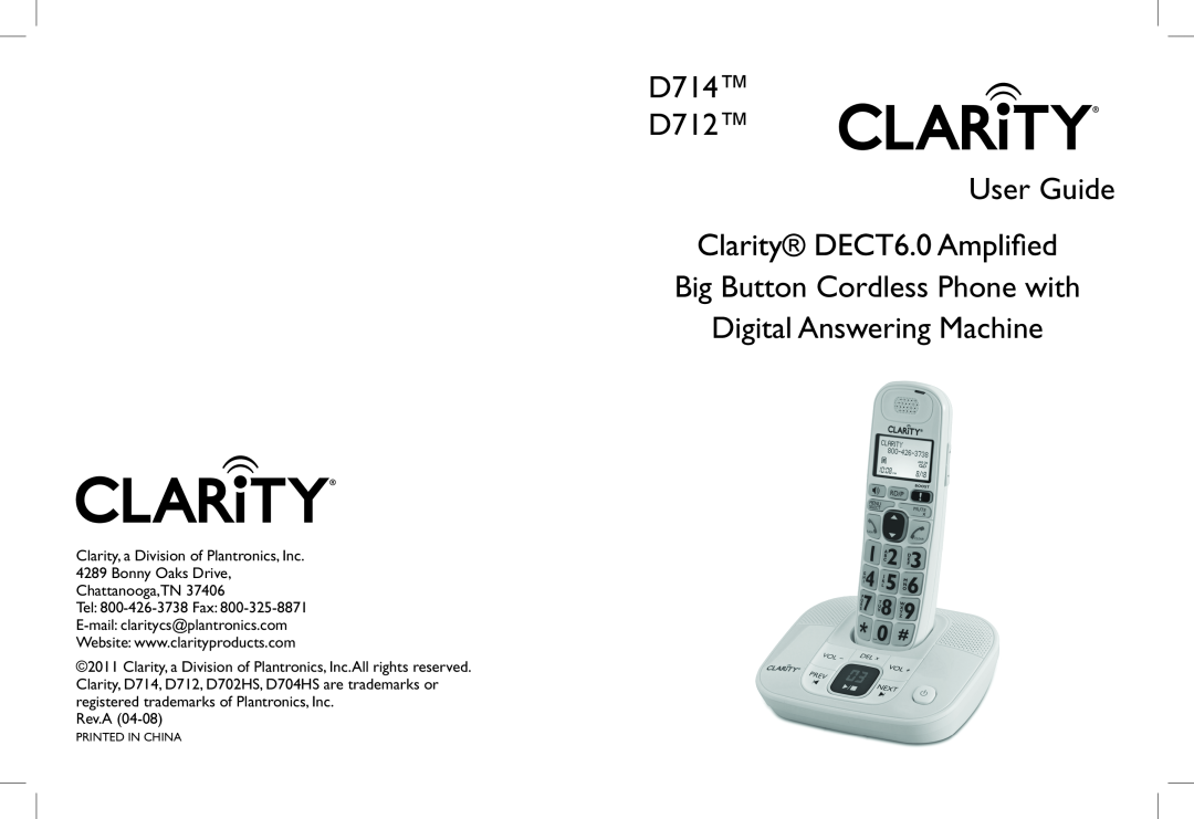 Clarity manual D714 D712 User Guide Big Button Cordless Phone with, Digital Answering Machine, Rev.A 