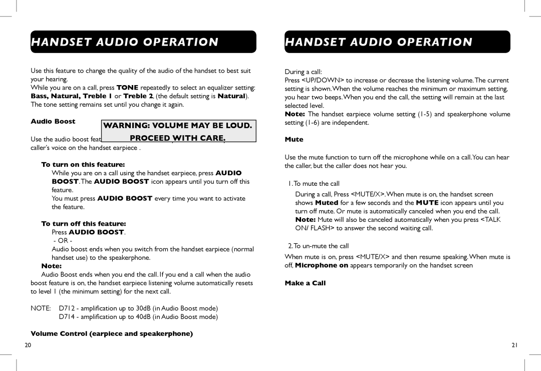 Clarity D712 Handset Audio Operation, Warning Volume May Be Loud, Audio Boost, To turn on this feature, Mute, Make a Call 