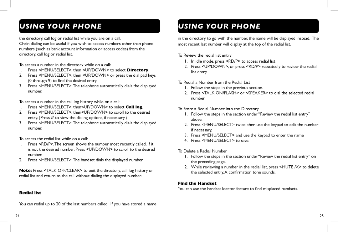 Clarity D712, D714 manual Using Your Phone, Redial list, Find the Handset 