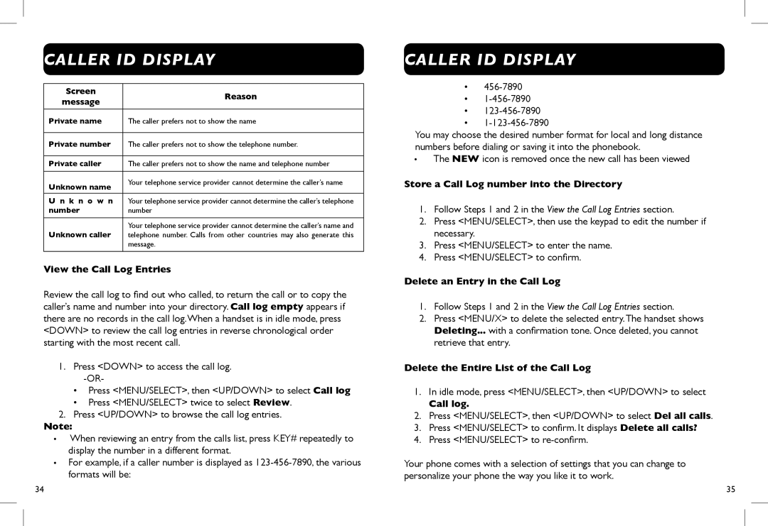 Clarity D714, D712 manual Caller Id Display, View the Call Log Entries, Store a Call Log number into the Directory, Call log 