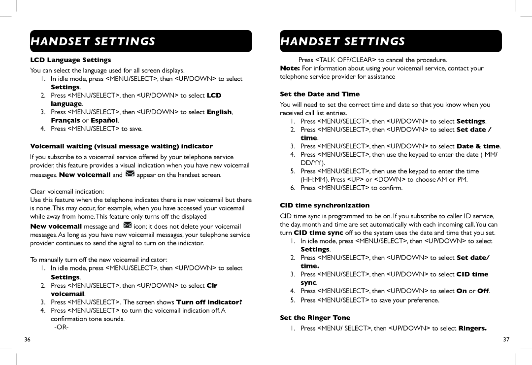 Clarity D712, D714 manual Handset Settings, LCD Language Settings, Voicemail waiting visual message waiting indicator 