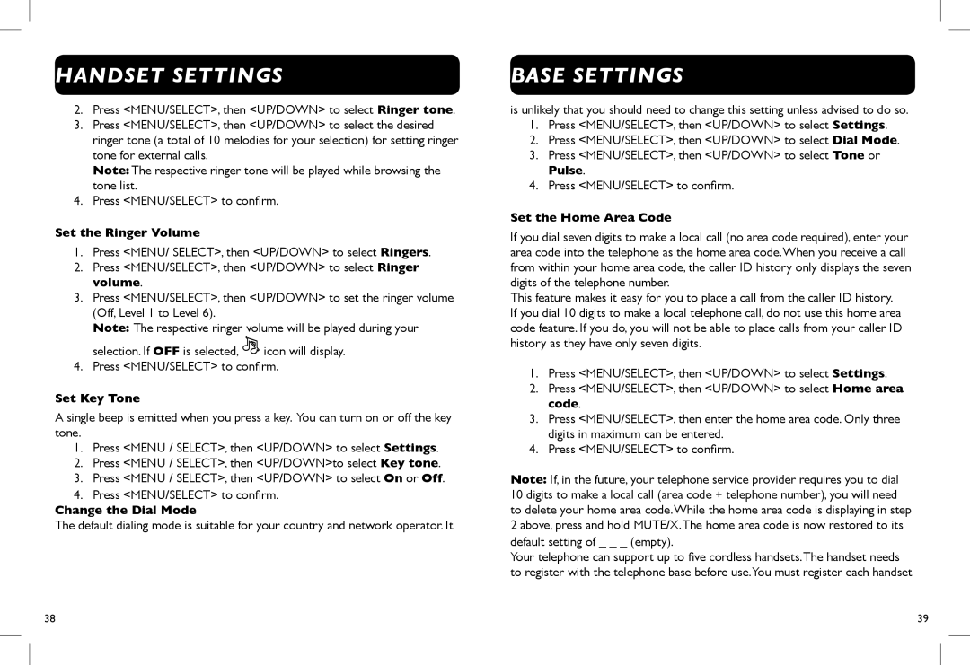 Clarity D714, D712 manual Base Settings, Handset Settings, Set the Ringer Volume, Set Key Tone, Change the Dial Mode 