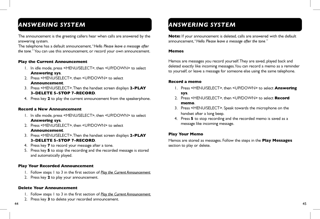 Clarity D712 Answering System, Play the Current Announcement, Record a New Announcement, Play Your Recorded Announcement 