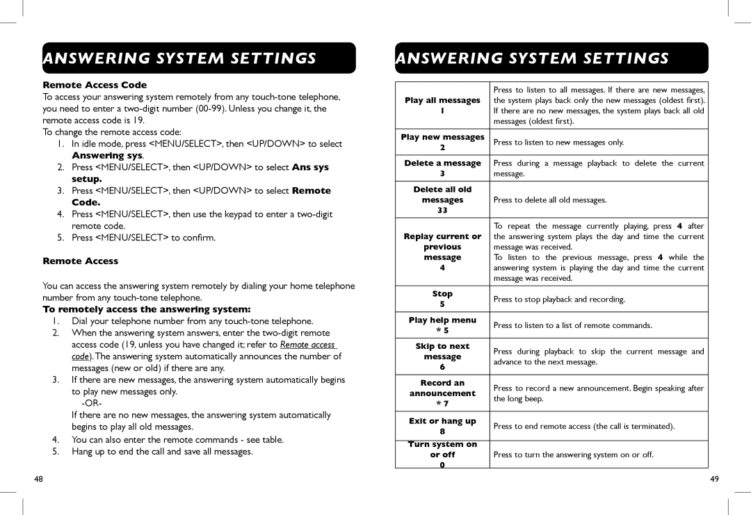 Clarity D712, D714 manual Answering System Settings, Remote Access Code, To remotely access the answering system 