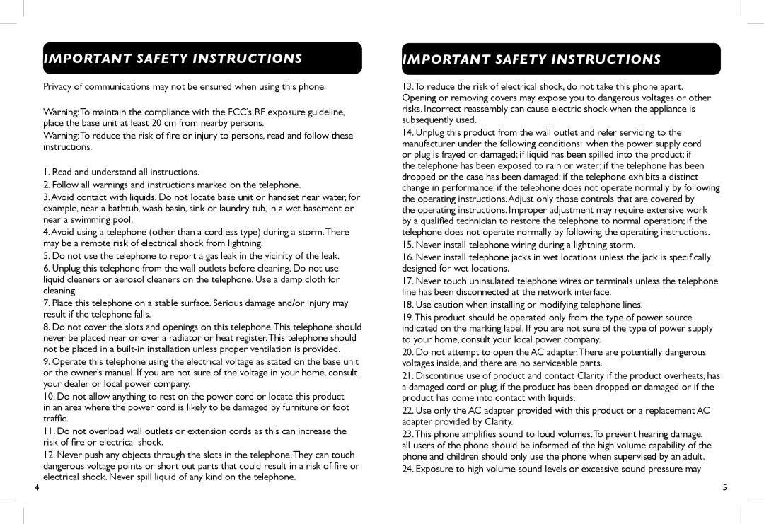 Clarity D712, D714 manual Important Safety Instructions, Privacy of communications may not be ensured when using this phone 