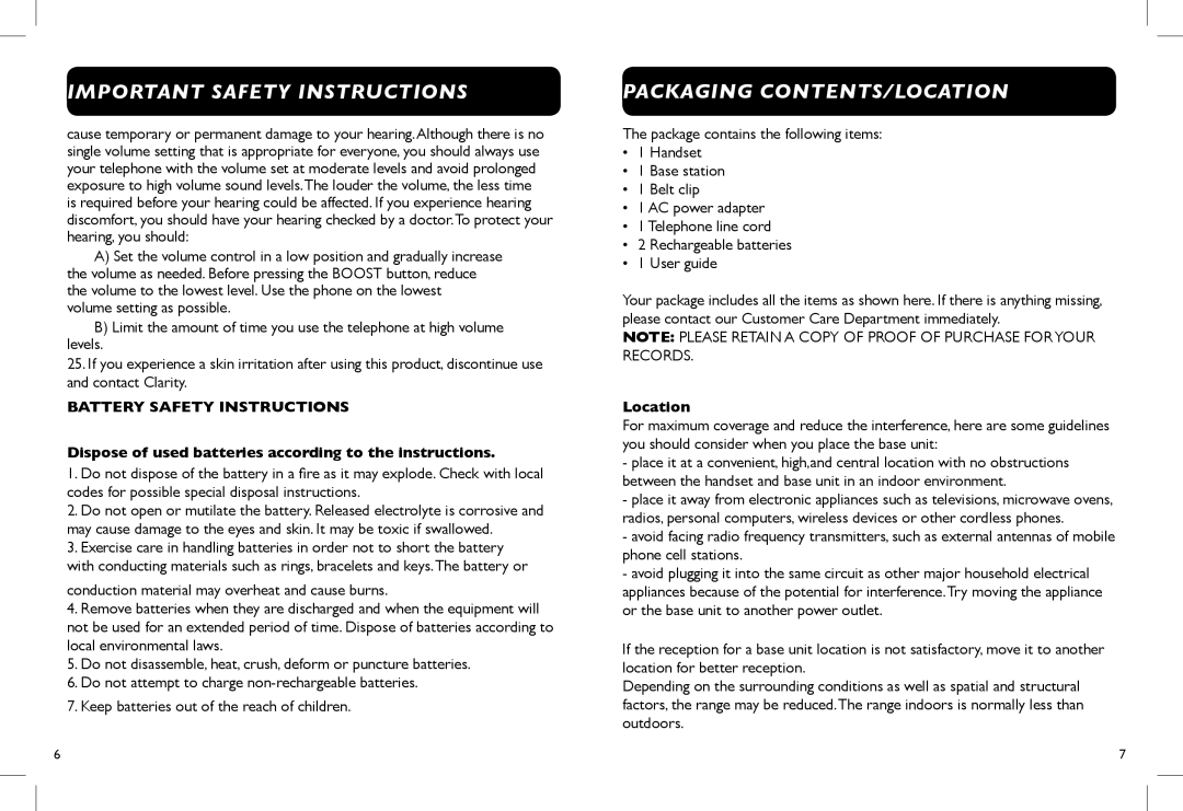 Clarity D714, D712 manual Packaging Contents/Location, Important Safety Instructions, Battery Safety Instructions 