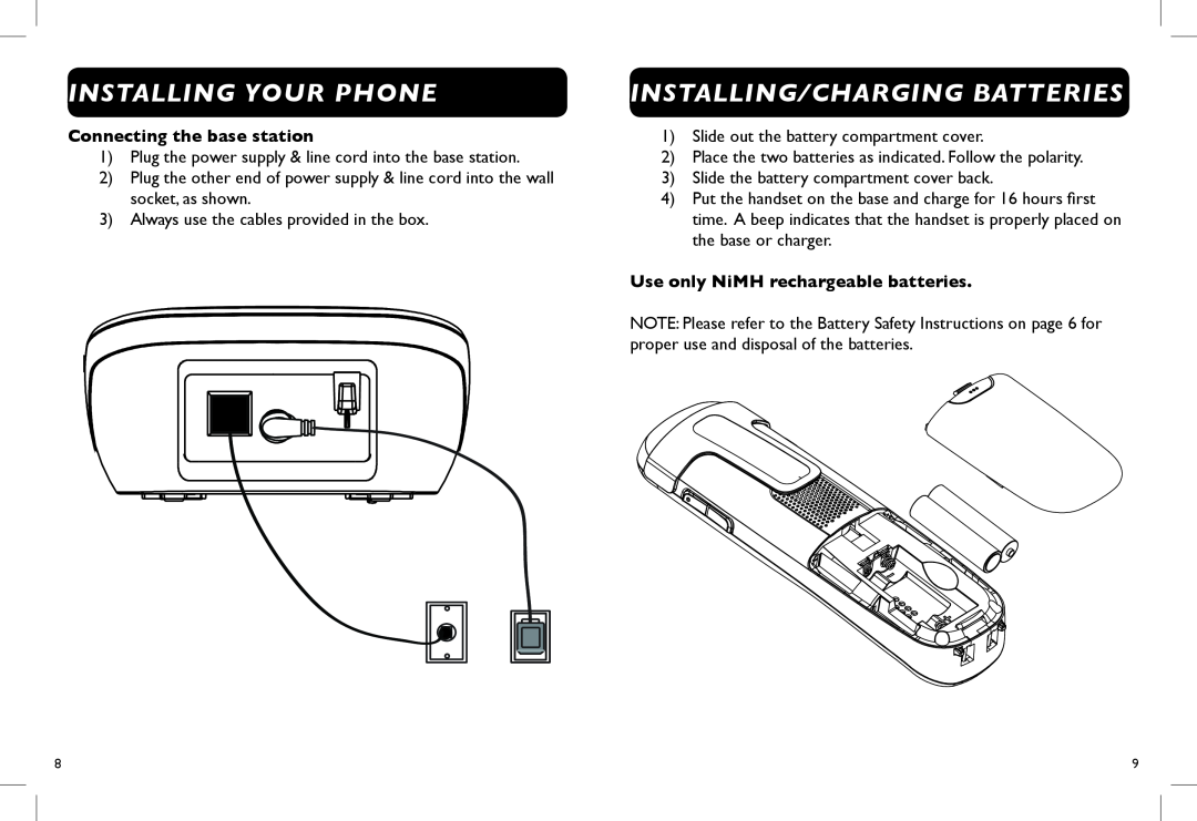 Clarity D712, D714 manual Installing Your Phone, Installing/Charging Batteries, Connecting the base station 