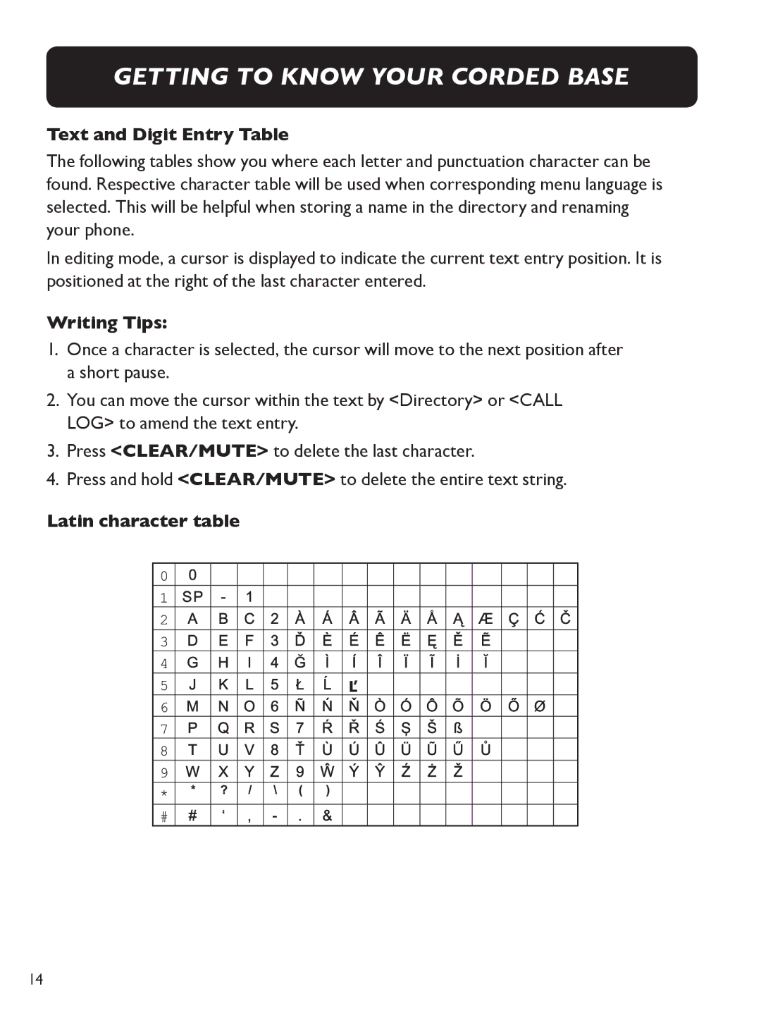 Clarity E713CC manual Text and Digit Entry Table, Writing Tips, Latin character table 