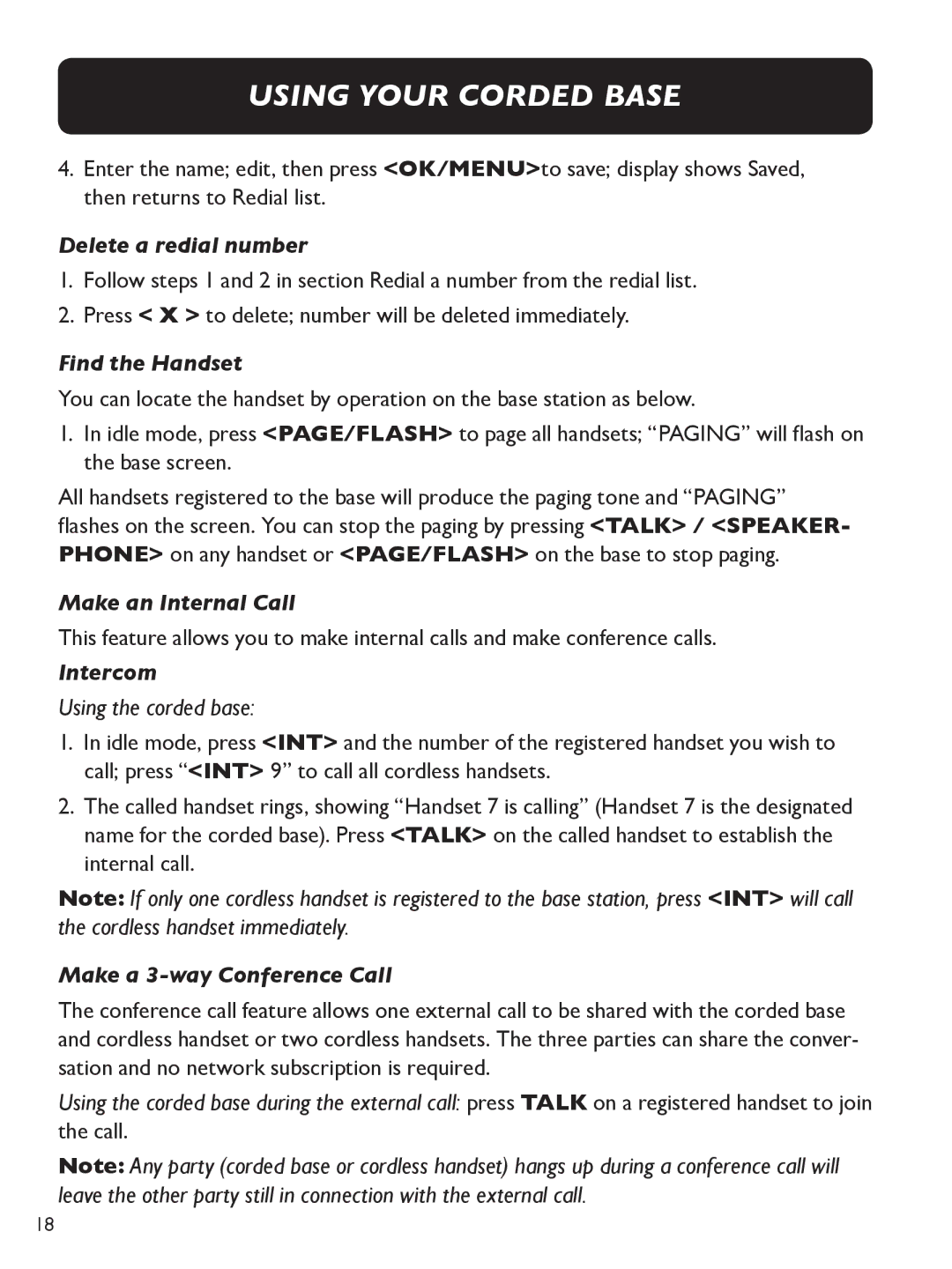 Clarity E713CC Delete a redial number, Find the Handset, Make an Internal Call, Intercom, Make a 3-way Conference Call 