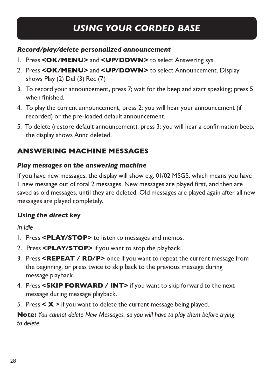 Clarity E713CC manual Answering Machine Messages, Idle, Record/play/delete personalized announcement 