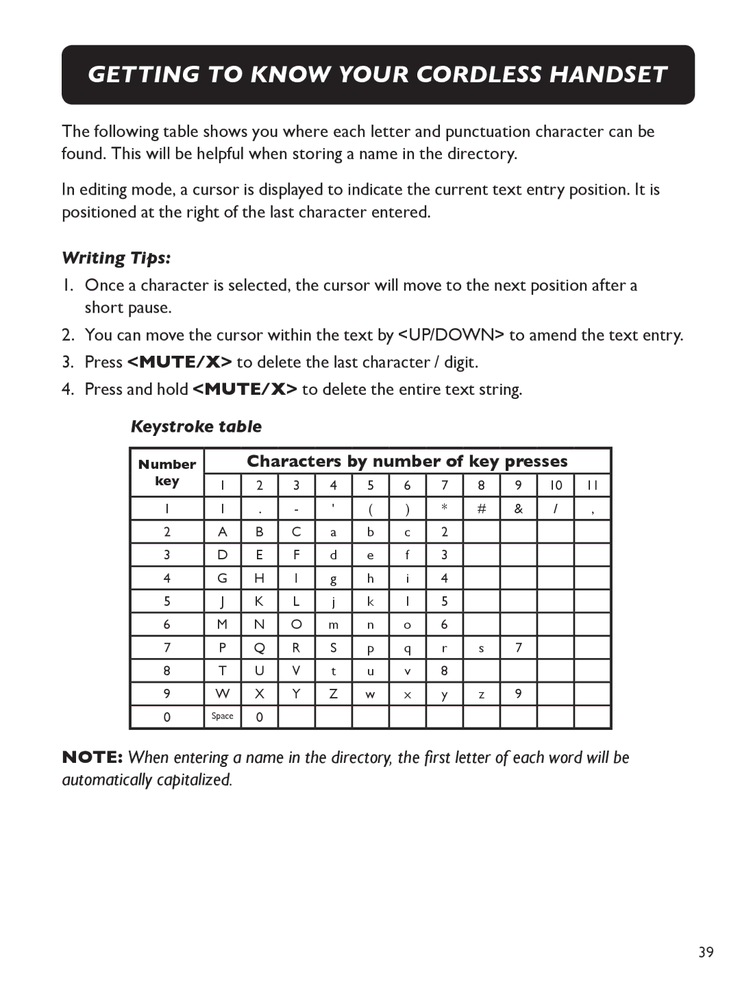 Clarity E713CC manual Writing Tips, Keystroke table 