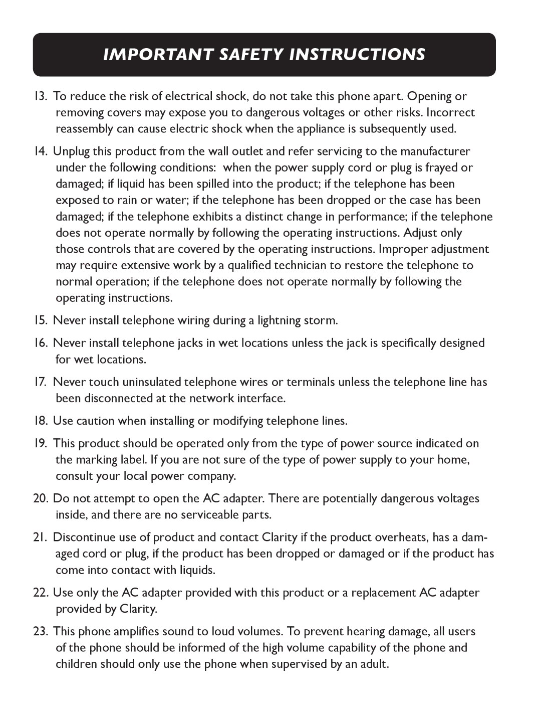 Clarity E713CC manual Important Safety Instructions 