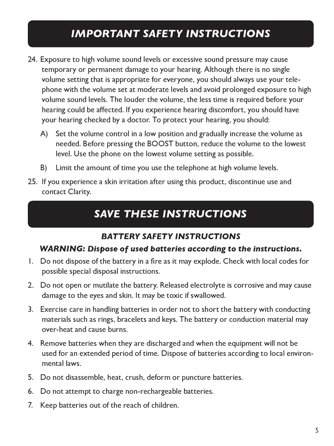 Clarity E713CC manual Battery Safety Instructions 