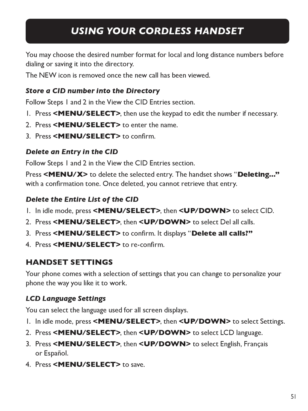 Clarity E713CC manual Handset Settings, Delete the Entire List of the CID, LCD Language Settings 