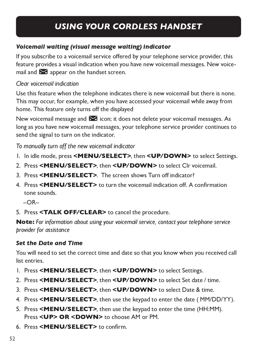 Clarity E713CC Clear voicemail indication, To manually turn off the new voicemail indicator, Set the Date and Time 