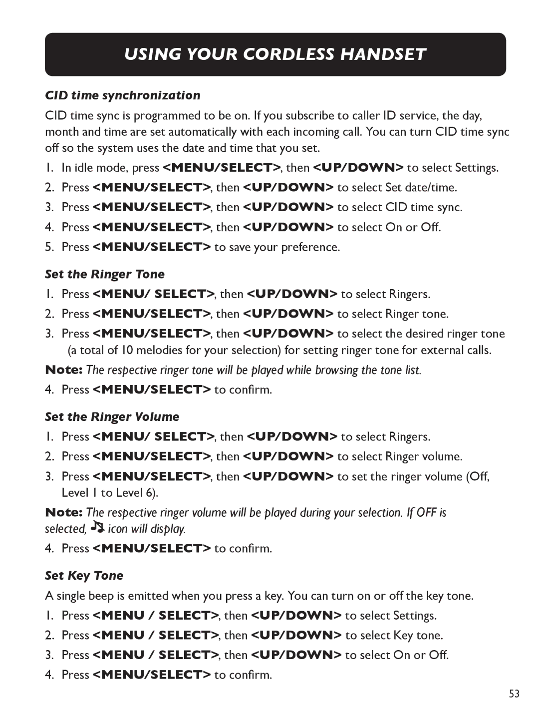 Clarity E713CC manual CID time synchronization, Set the Ringer Tone, Set the Ringer Volume, Set Key Tone 