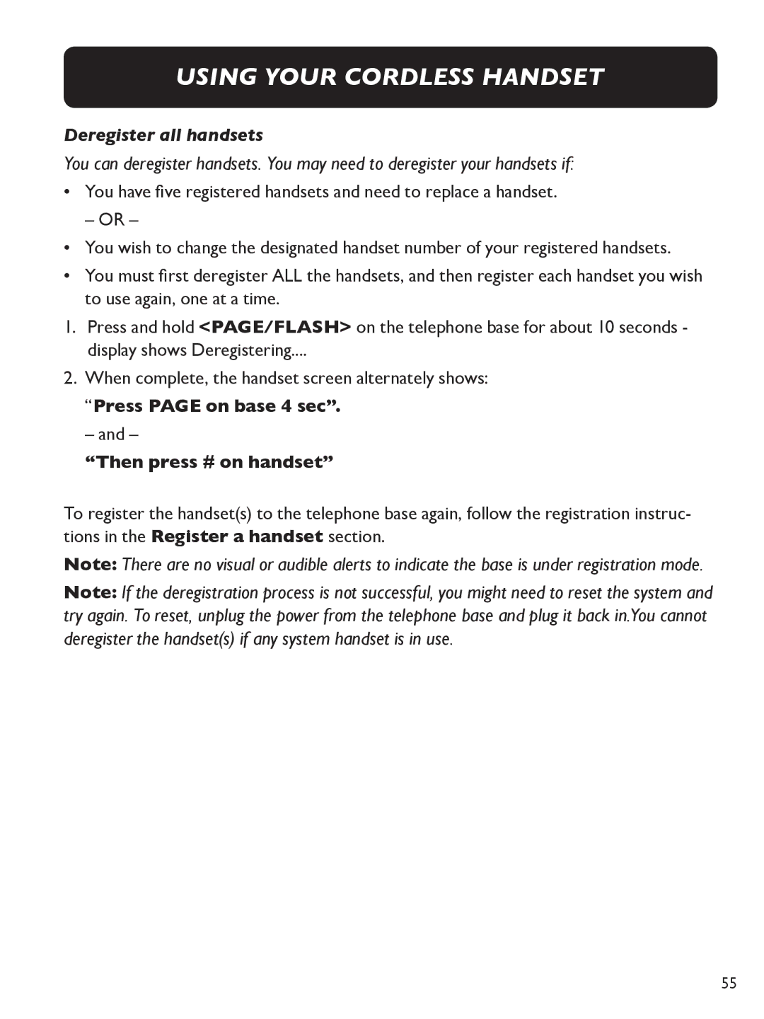 Clarity E713CC manual Deregister all handsets, Press page on base 4 sec Then press # on handset 