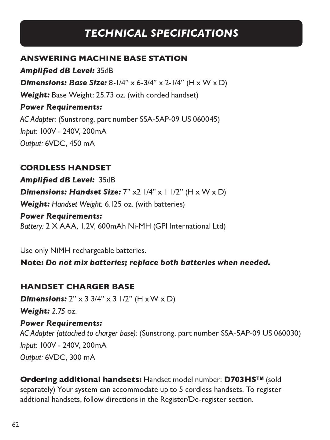 Clarity E713CC manual Technical Specifications, Amplified dB Level 35dB, Weight 2.75 oz Power Requirements 