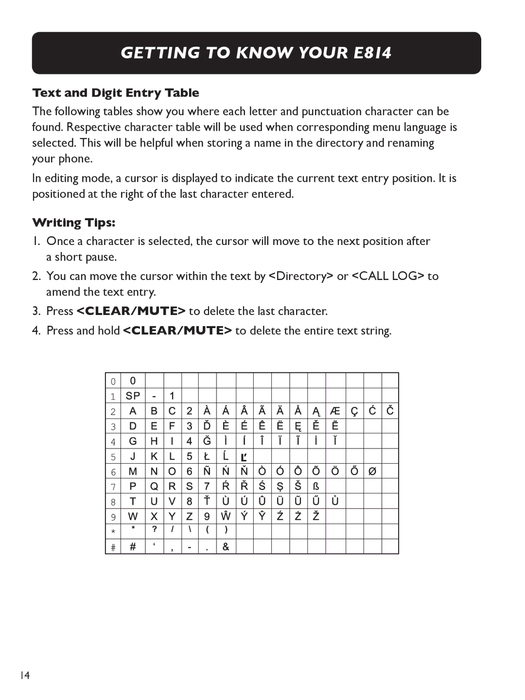 Clarity E814 manual Text and Digit Entry Table, Writing Tips 