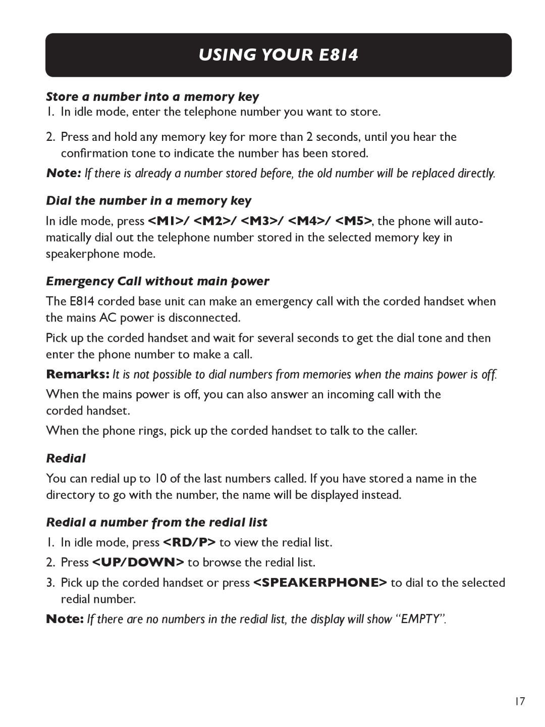 Clarity E814 Store a number into a memory key, Dial the number in a memory key, Emergency Call without main power, Redial 