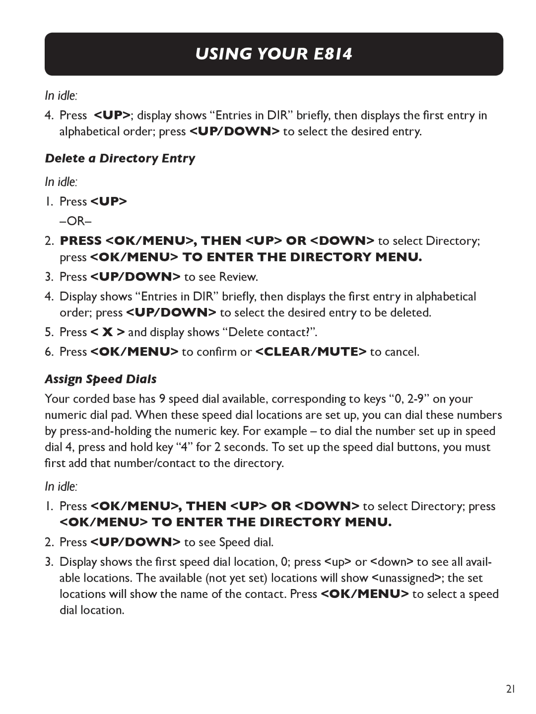 Clarity E814 manual Delete a Directory Entry, Assign Speed Dials 