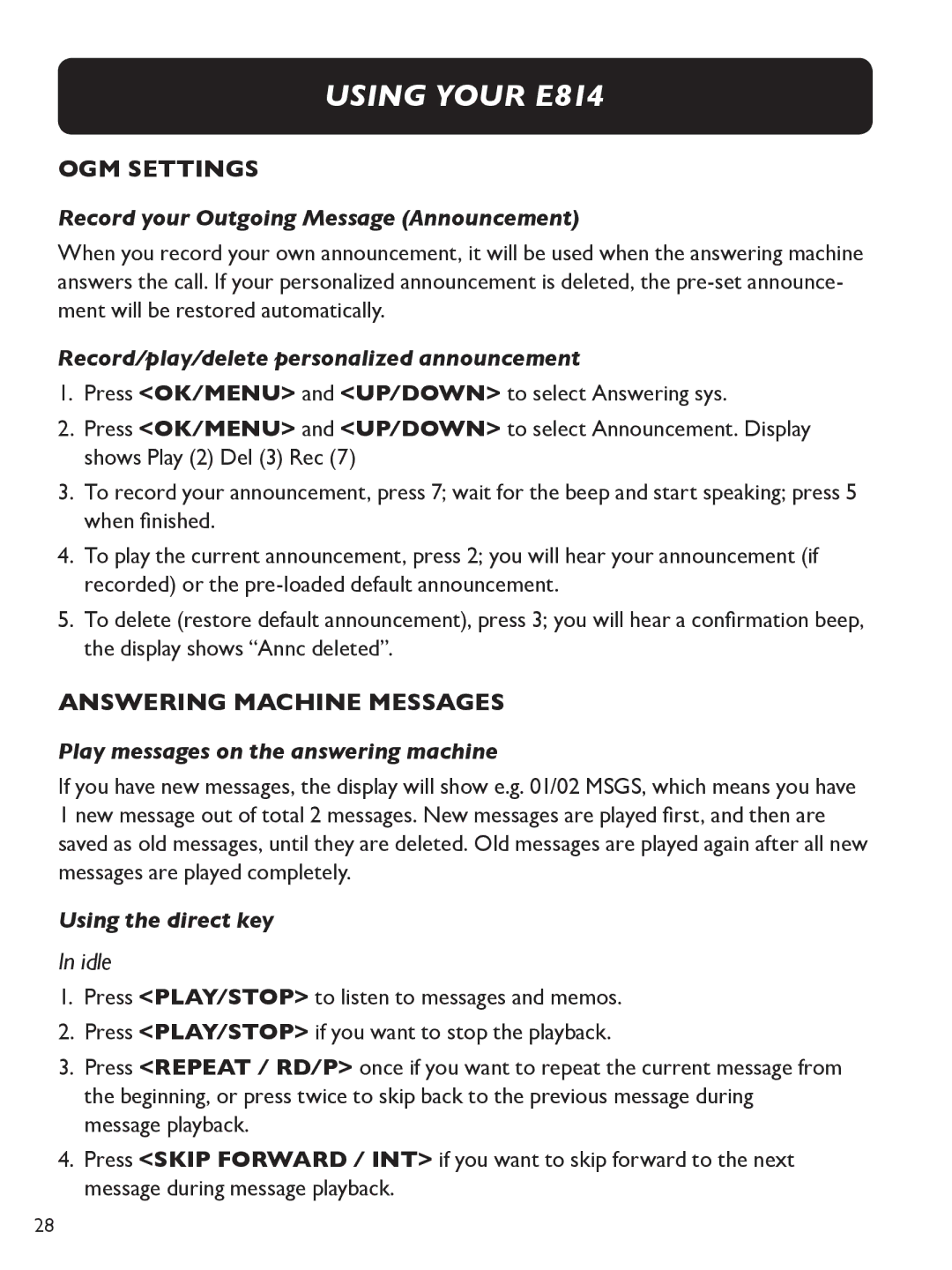 Clarity E814 manual OGM Settings, Answering Machine Messages, Record your Outgoing Message Announcement 