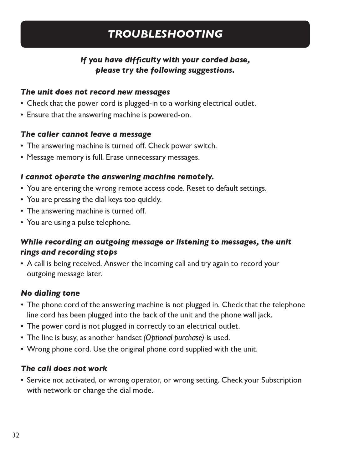 Clarity E814 manual TROUBLESHOOTINg, Caller cannot leave a message, Cannot operate the answering machine remotely 