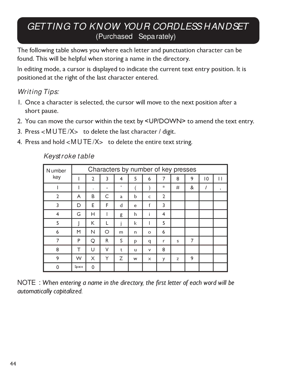 Clarity E814 manual Writing Tips, Keystroke table 