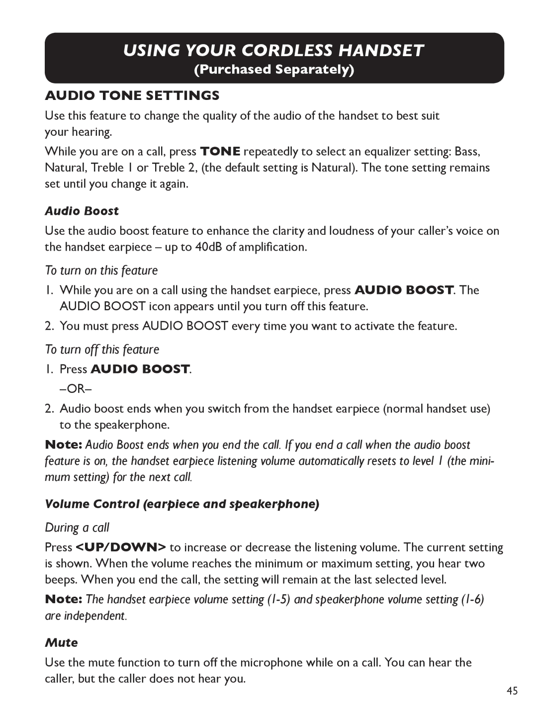 Clarity E814 manual Using your cordless handset, Audio Tone Settings, To turn on this feature, To turn off this feature 