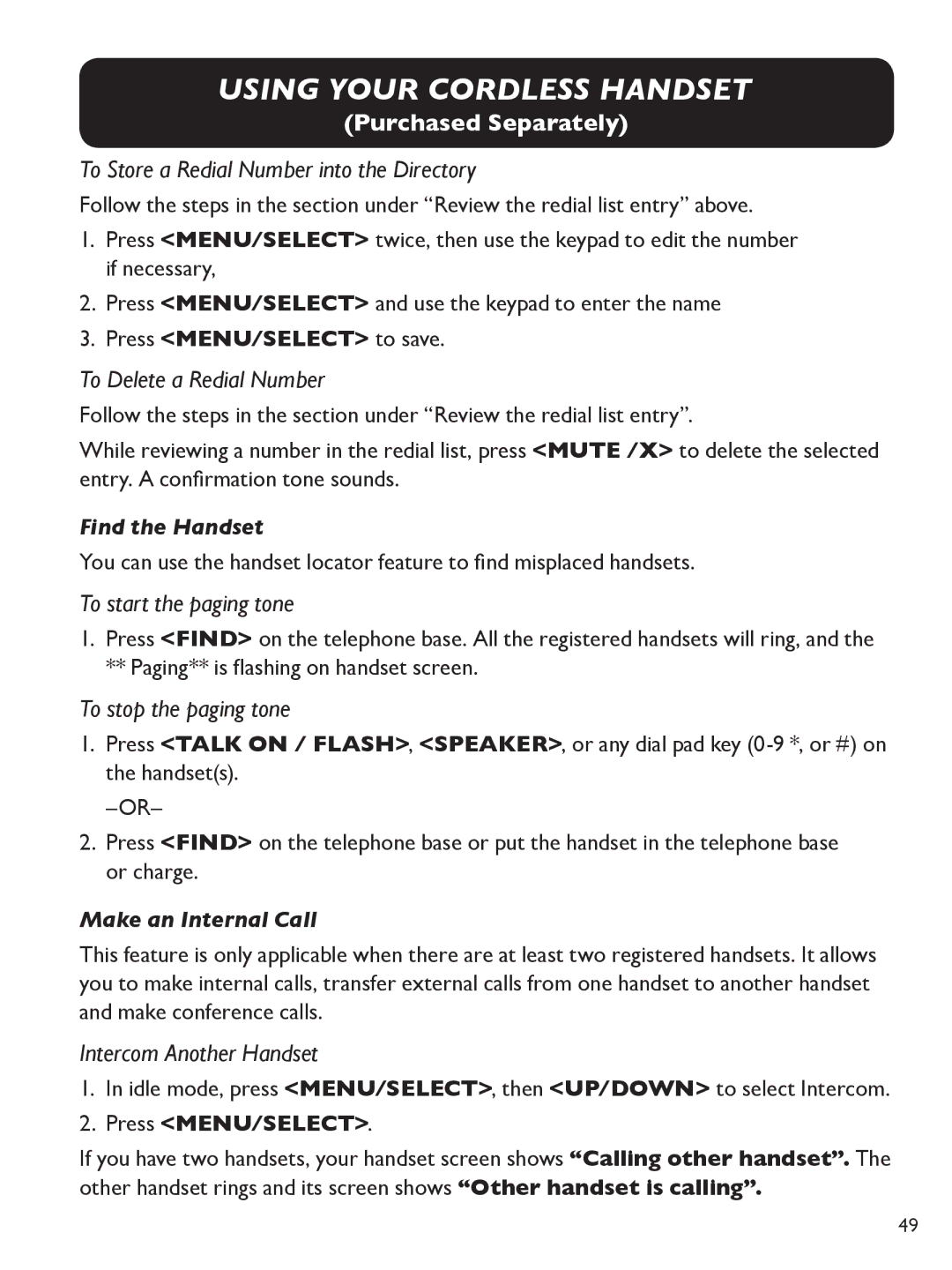 Clarity E814 manual To Store a Redial Number into the Directory, To Delete a Redial Number, To start the paging tone 