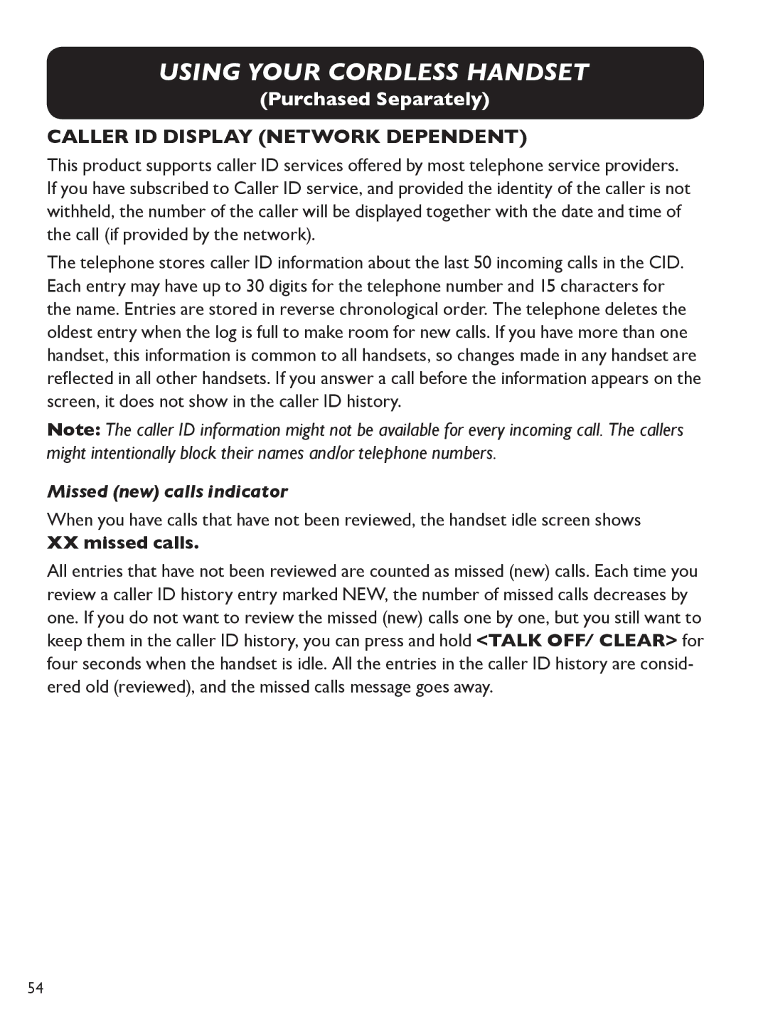 Clarity E814 manual Caller id Display network dependent, Missed new calls indicator, XX missed calls 