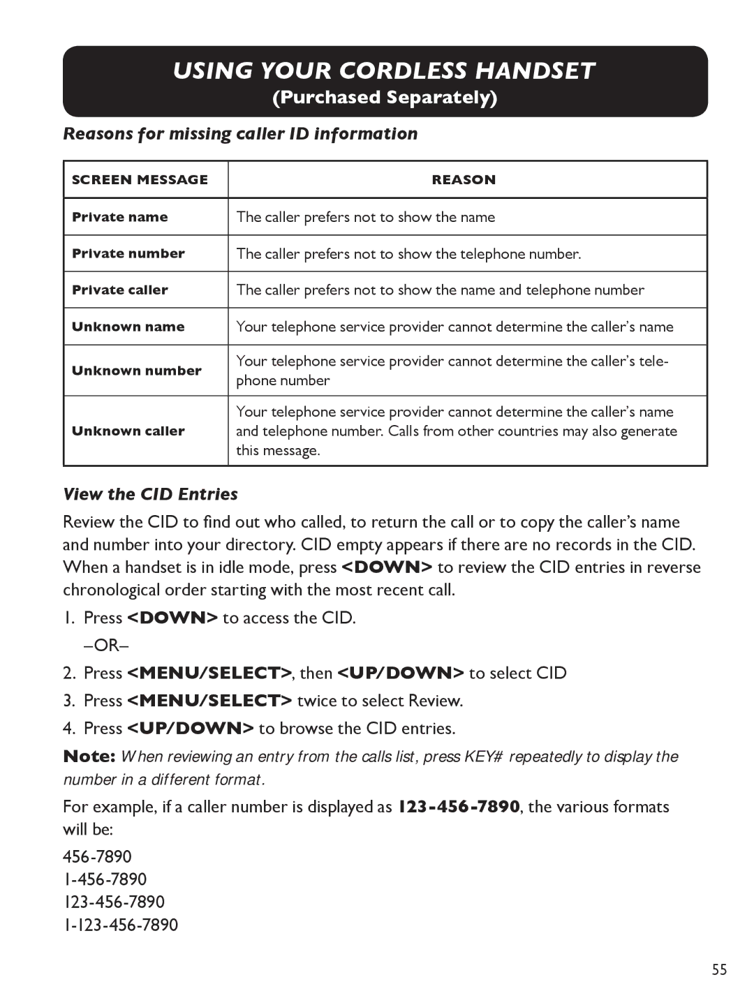 Clarity E814 manual Reasons for missing caller ID information, View the CID Entries 