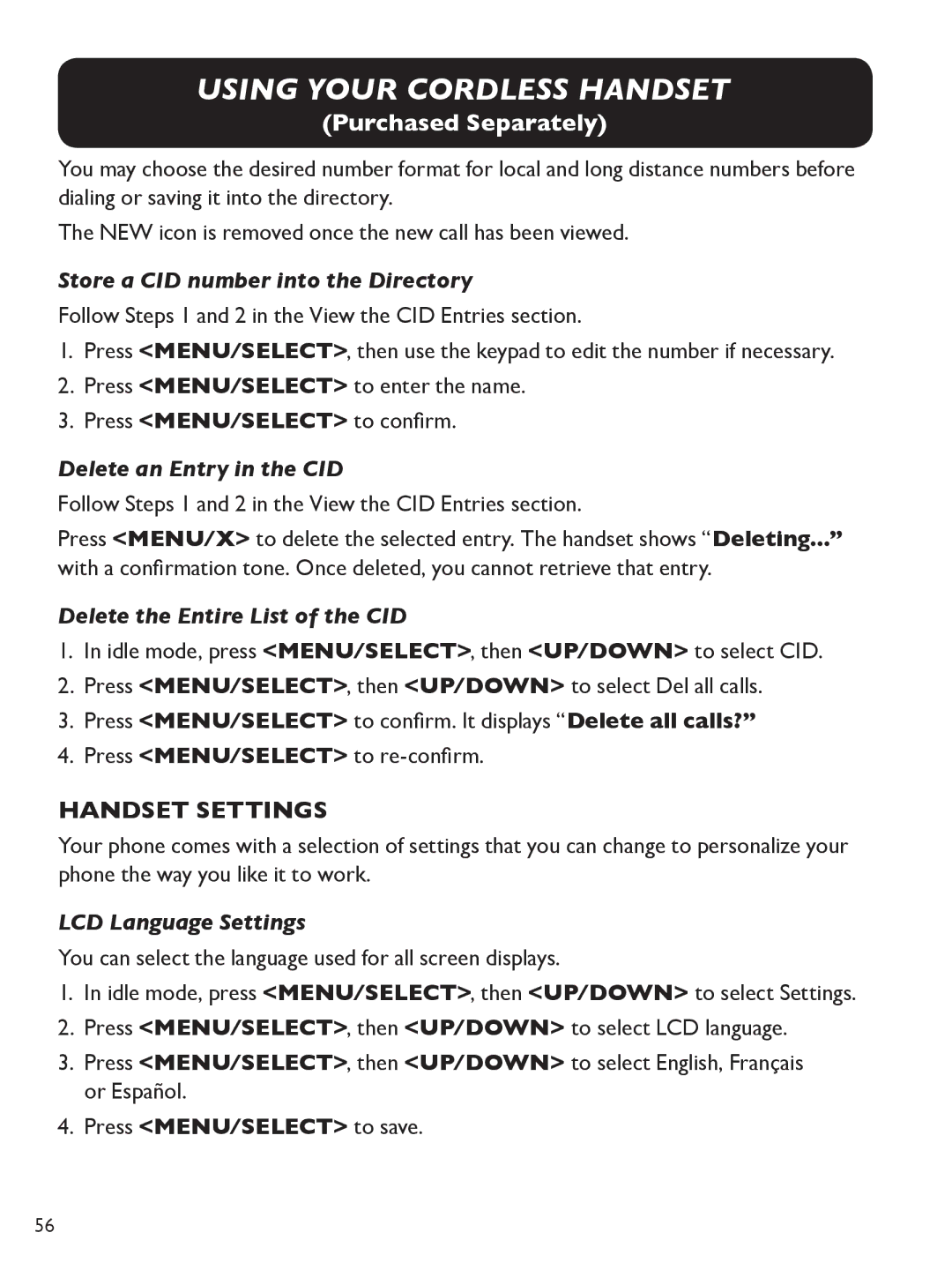 Clarity E814 manual Handset Settings, Delete the Entire List of the CID, LCD Language Settings 