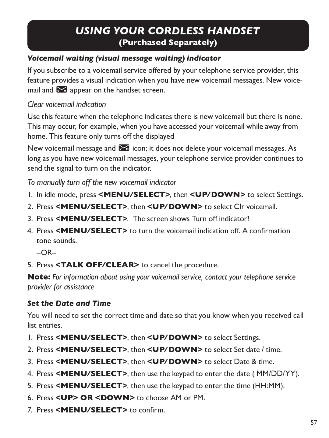 Clarity E814 Clear voicemail indication, To manually turn off the new voicemail indicator, Set the Date and Time 