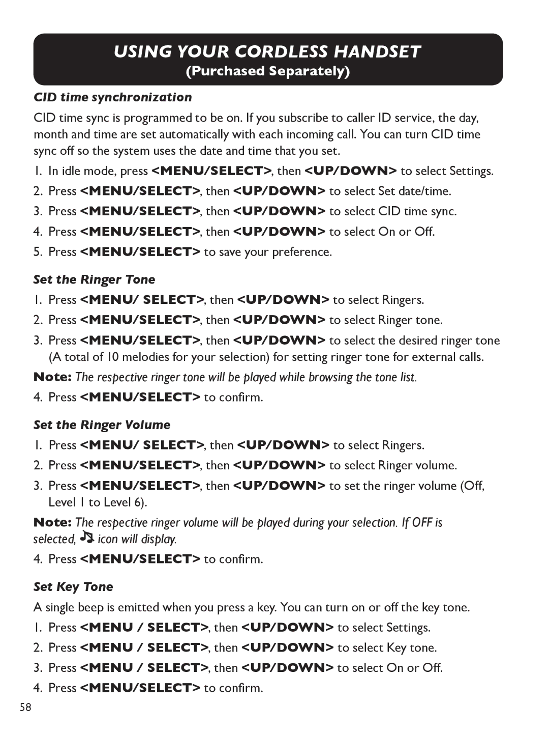 Clarity E814 manual CID time synchronization, Set the Ringer Tone, Set the Ringer Volume, Set Key Tone 