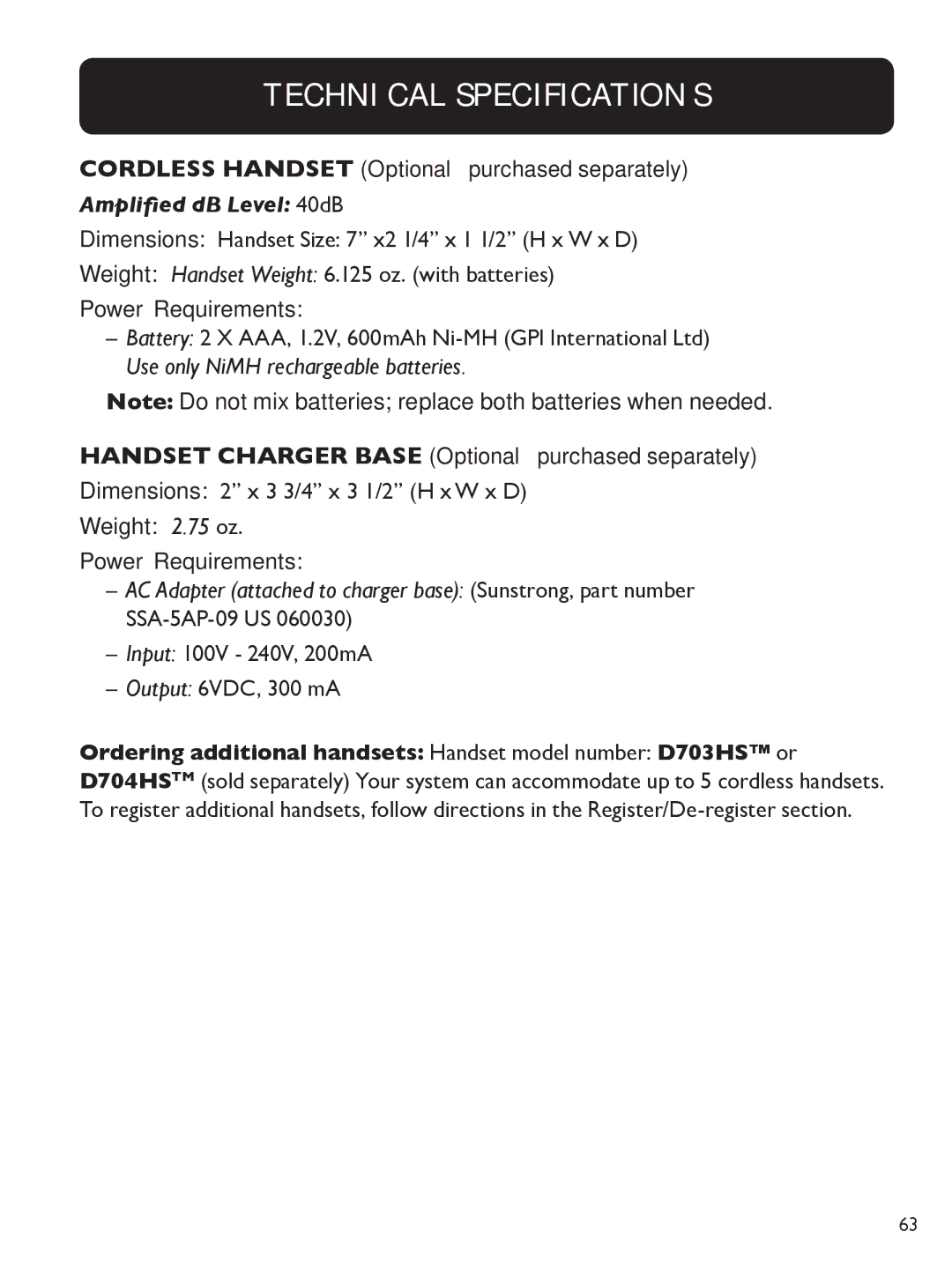 Clarity E814 manual Handset Charger base Optional purchased separately, Weight 2.75 oz Power Requirements 