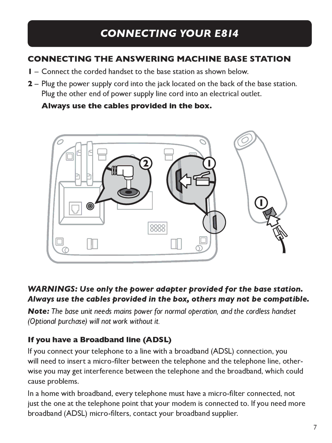 Clarity manual Connecting your E814, Connecting the Answering Machine base station 