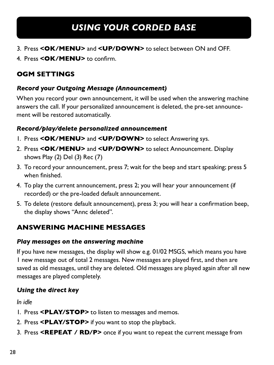 Clarity E814CC manual OGM Settings, Answering Machine Messages, Record your Outgoing Message Announcement 