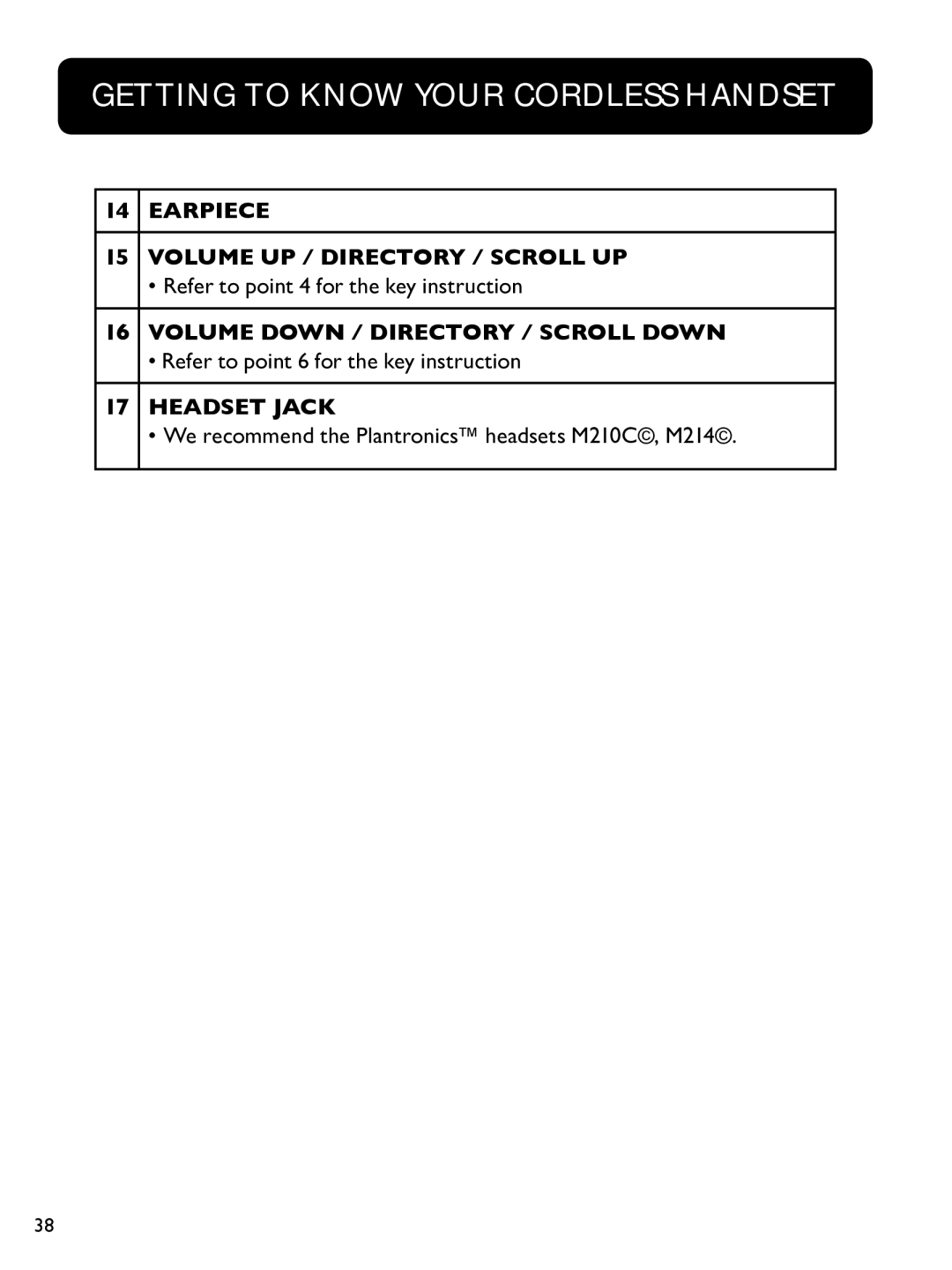 Clarity E814CC manual EARPIECe VoLUME UP / DIrectory / SCroLL UP, VoLUME DOwn / DIrectory / SCroLL DOwn, Headset Jack 