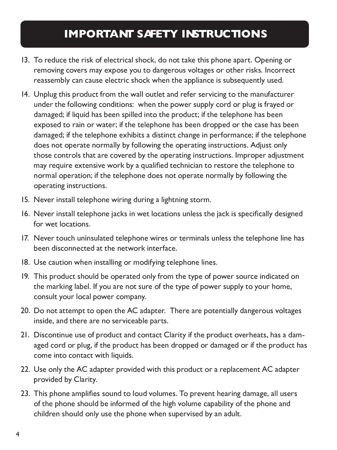 Clarity E814CC manual Important safety instructions 