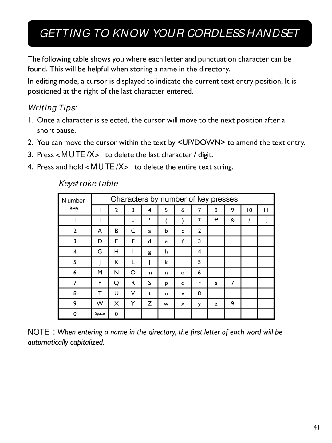 Clarity E814CC manual Writing Tips, Keystroke table 