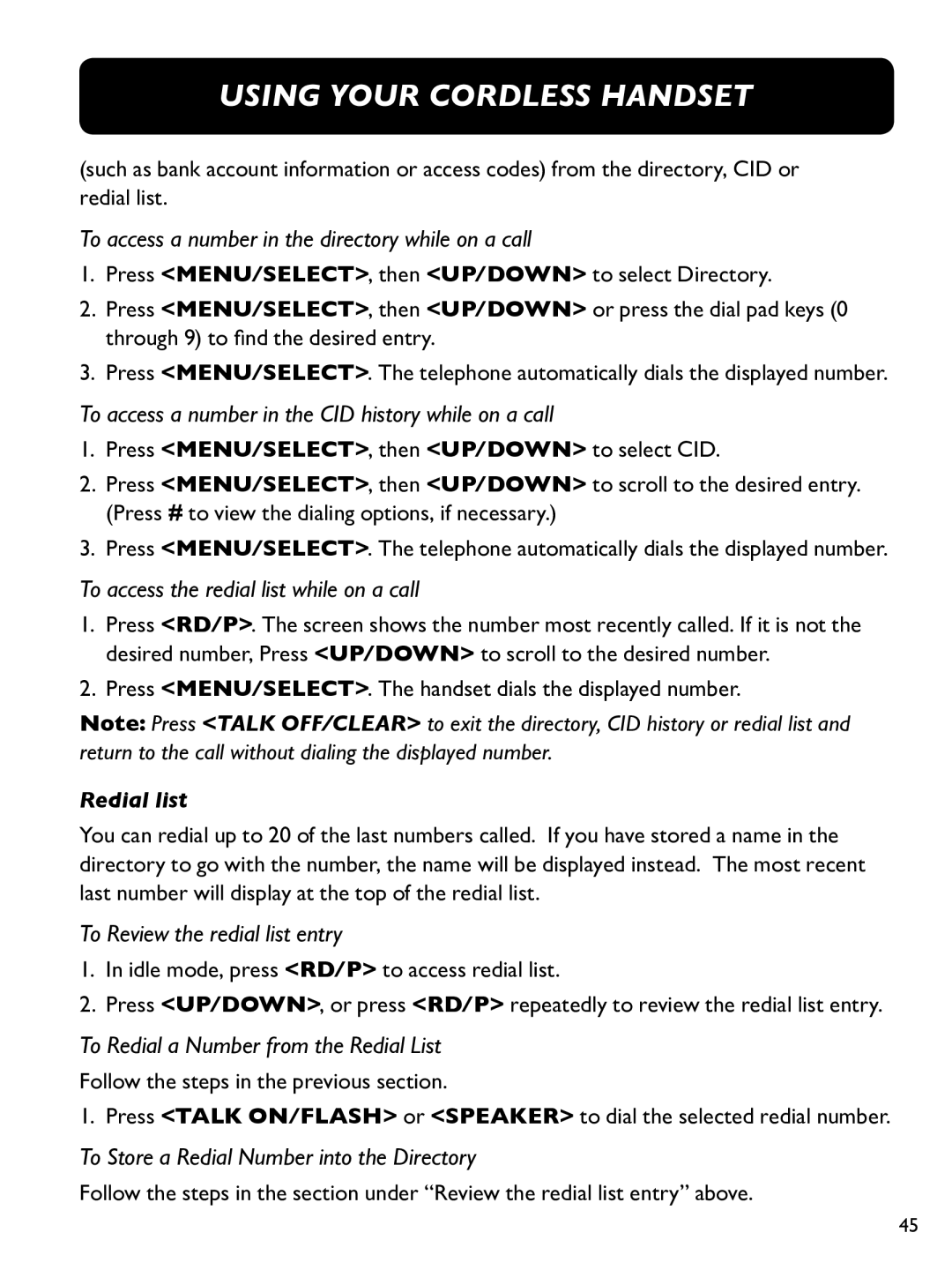 Clarity E814CC To access a number in the directory while on a call, To access a number in the CID history while on a call 