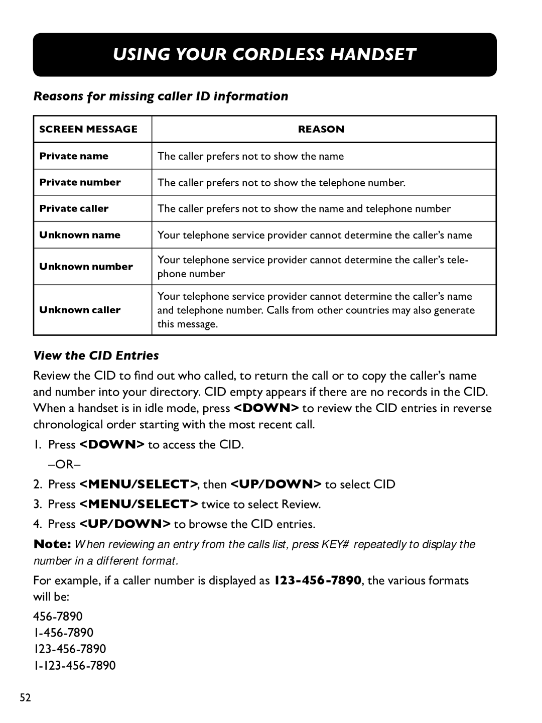 Clarity E814CC manual Reasons for missing caller ID information, View the CID Entries 