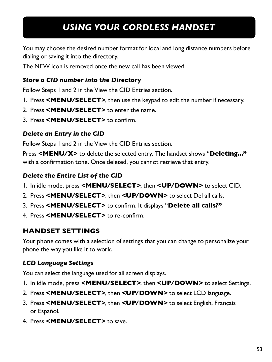 Clarity E814CC manual Handset Settings, Delete the Entire List of the CID, LCD Language Settings 