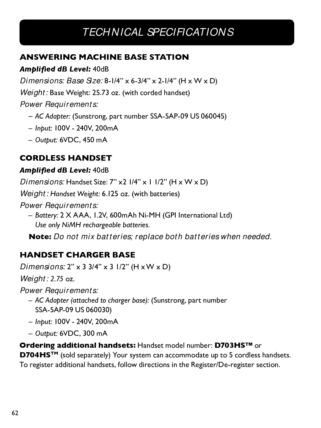 Clarity E814CC manual Technical specifications, Cordless Handset, Handset Charger base 