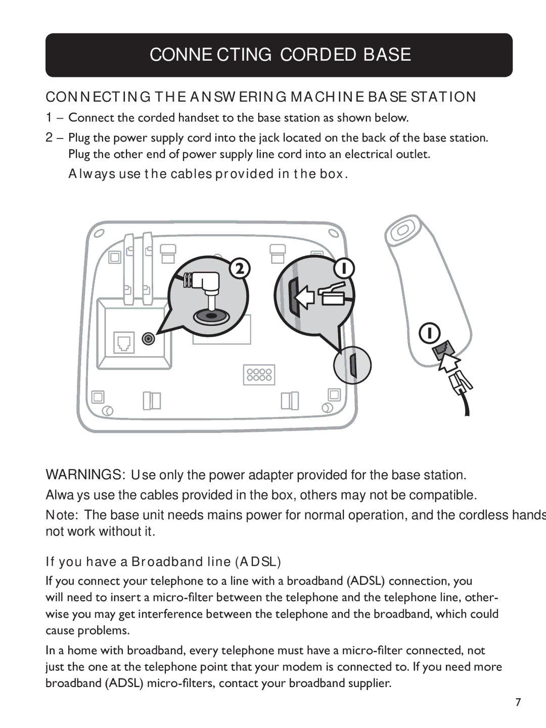 Clarity E814CC manual Connecting corded base, Connecting the Answering Machine base station 